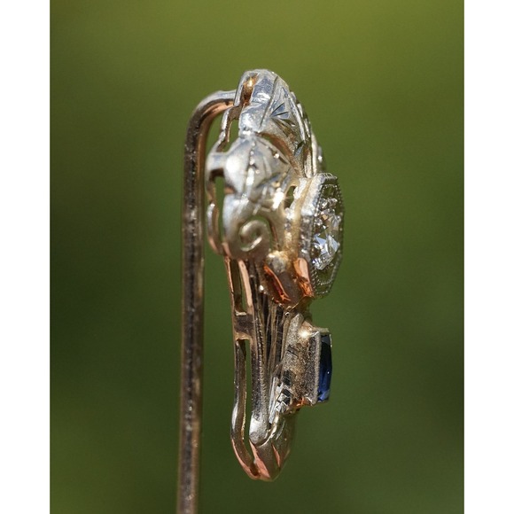 Antique 18k Solid White Gold Old Mine‎ Cut Diamond Sapphire Stickpin - Hat pin - Picture 4 of 11
